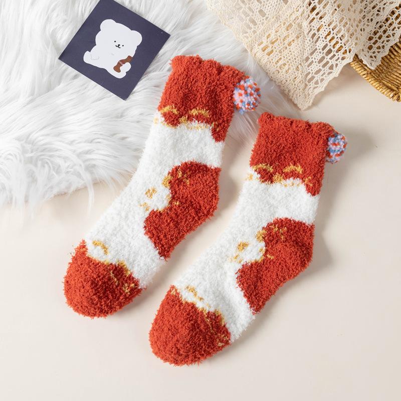 5/10 пар Удобные Повседневные Зимние Носки до середины икры из кораллового флиса Осенне-зимние Утепленные Теплые Домашние Носки для пола Японский стиль Мультяшные Носки для сна