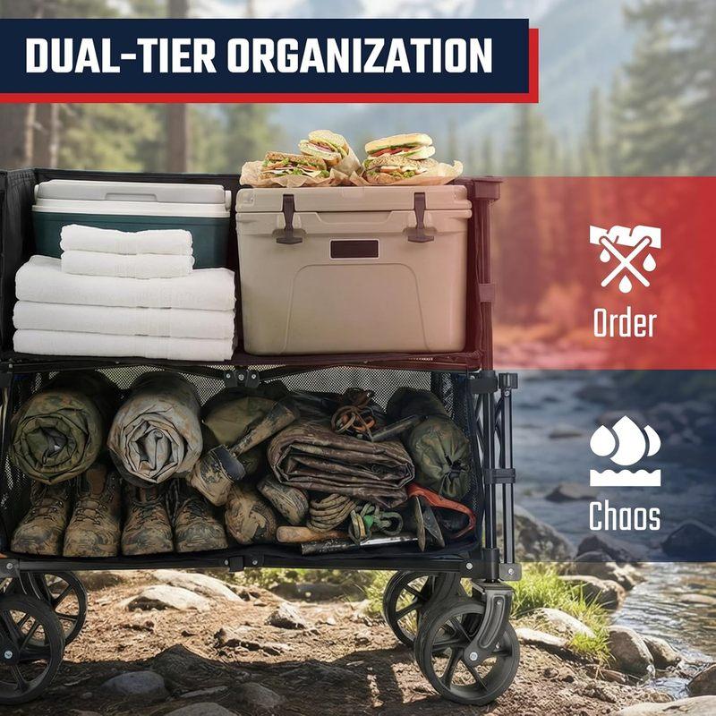 500LBS Heavy Duty Double Decker Wagon with Extender, 400L Large Capacity Collapsible Garden Cart Fits 10x10 Canopy, All-Terrain Big Wheels with