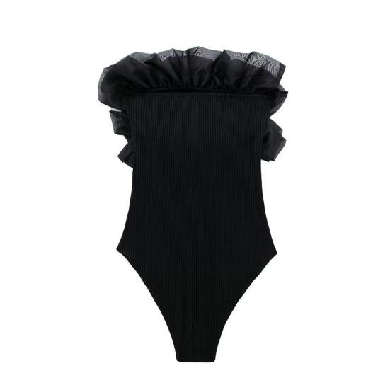 Women Off Shoulder Ribbed Knit Bodysuit Layer Flower Decor Skinny Playsuit Sleeveless Solid Color Female Playsuit