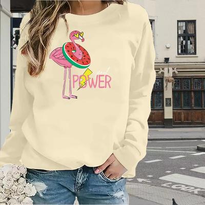 Топы для женщин с принтом фламинго и букв, круглый вырез, длинный рукав, футболка, осенний повседневный тонкий пуловер, женский топ с длинным рукавом