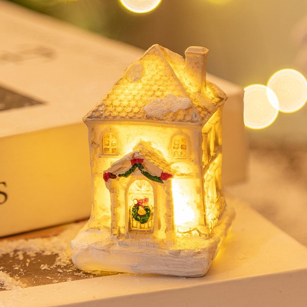 White LED Light Snow House Resin Xmas House Ornament  New Year Decoration
