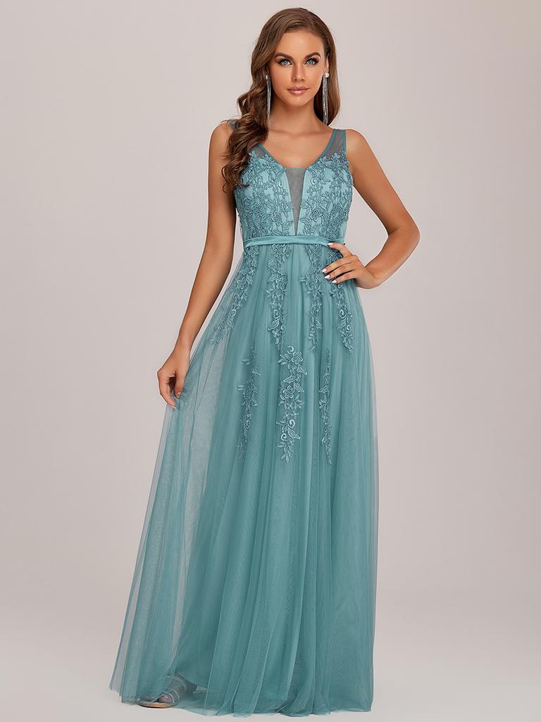 Элегантные женские вечерние платья Ever-Pretty из струящегося тюля с прозрачными аппликациями и V-образным вырезом без рукавов