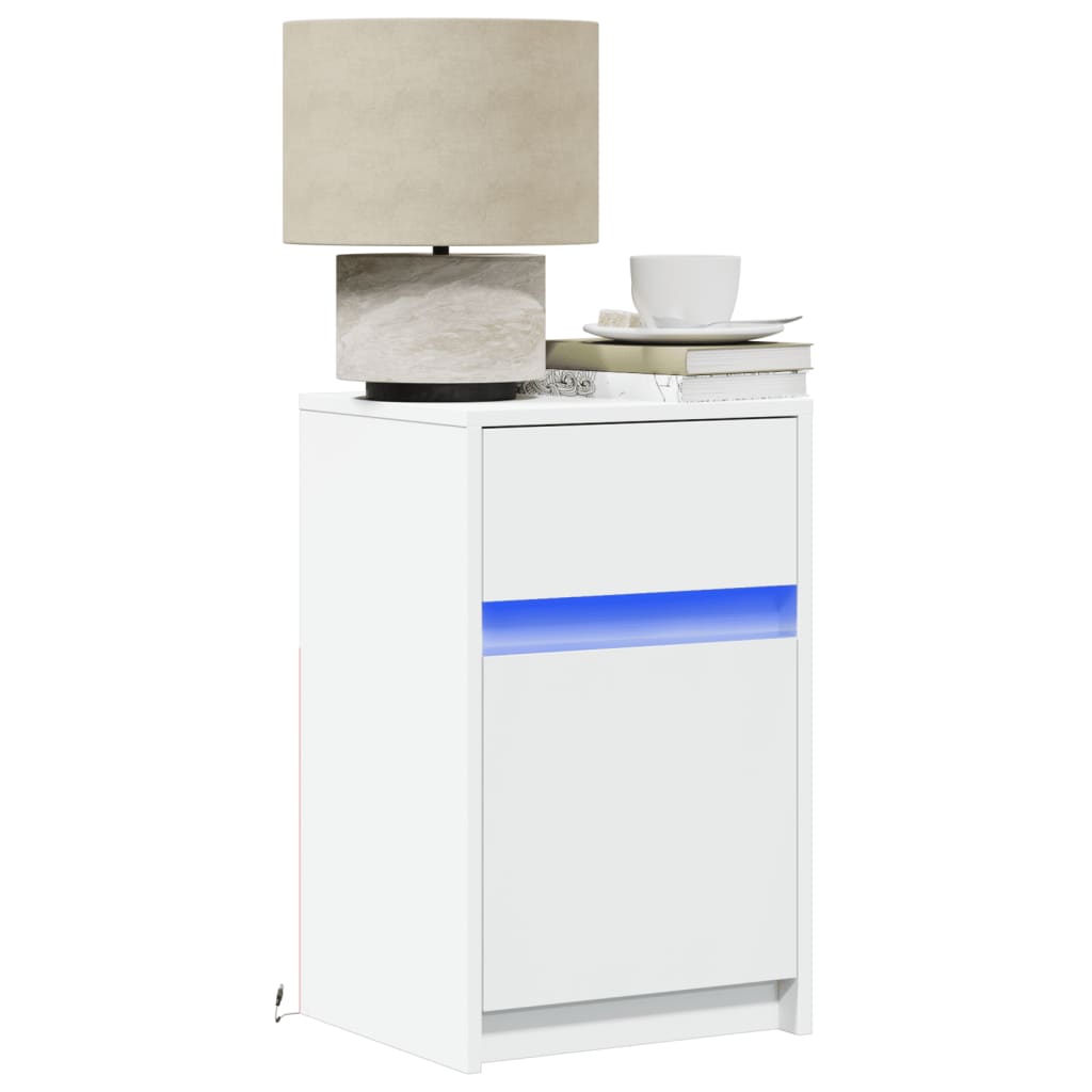 Nightstand with LED Lights White Engineered Wood