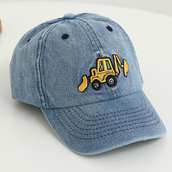 Детская шляпа унисекс, джинсовая бейсболка в стиле ретро, ​​мультяшная экскаваторная вышивка с длинными полями, защита от солнца, уличная шляпа от солнца