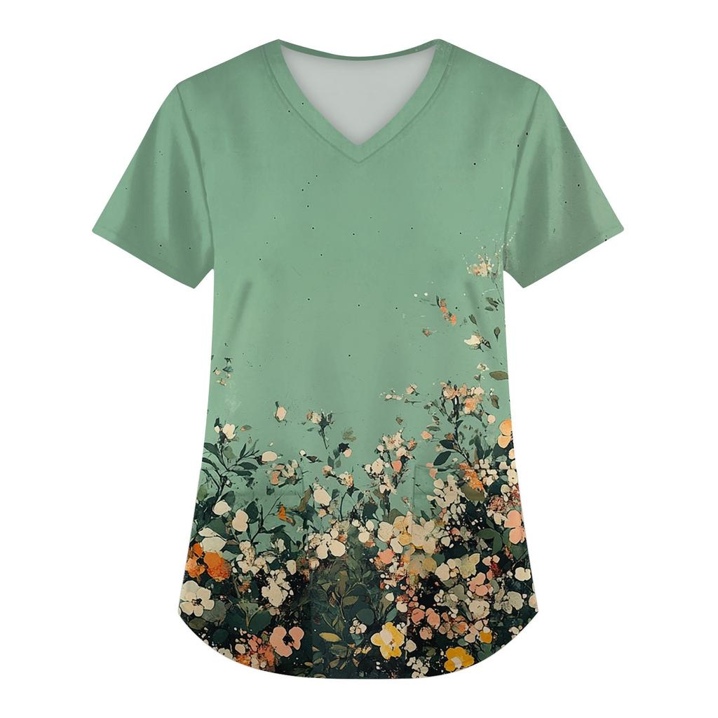 Женская мода с коротким рукавом и V-образным вырезом с карманами и цветочным принтом Топы Одежда