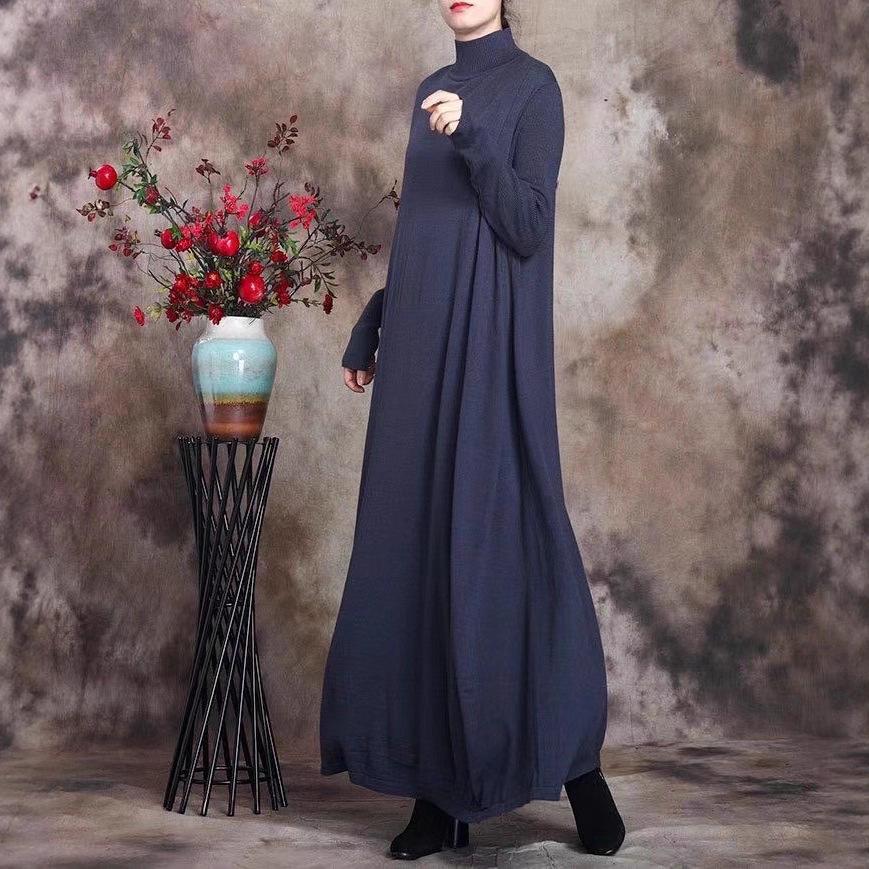 Johnature Women Vintage Knitted Dress Solid Color Half High Collar A-Line Autumn Soft Female Long Dresses