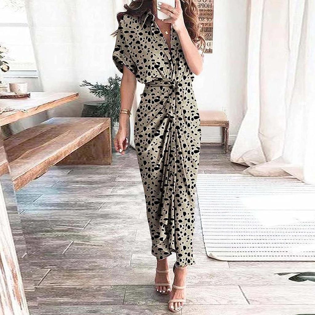 Women Casual Stand-up Collar Printed Shirt Button Belt Short-sleeved Long Skirt