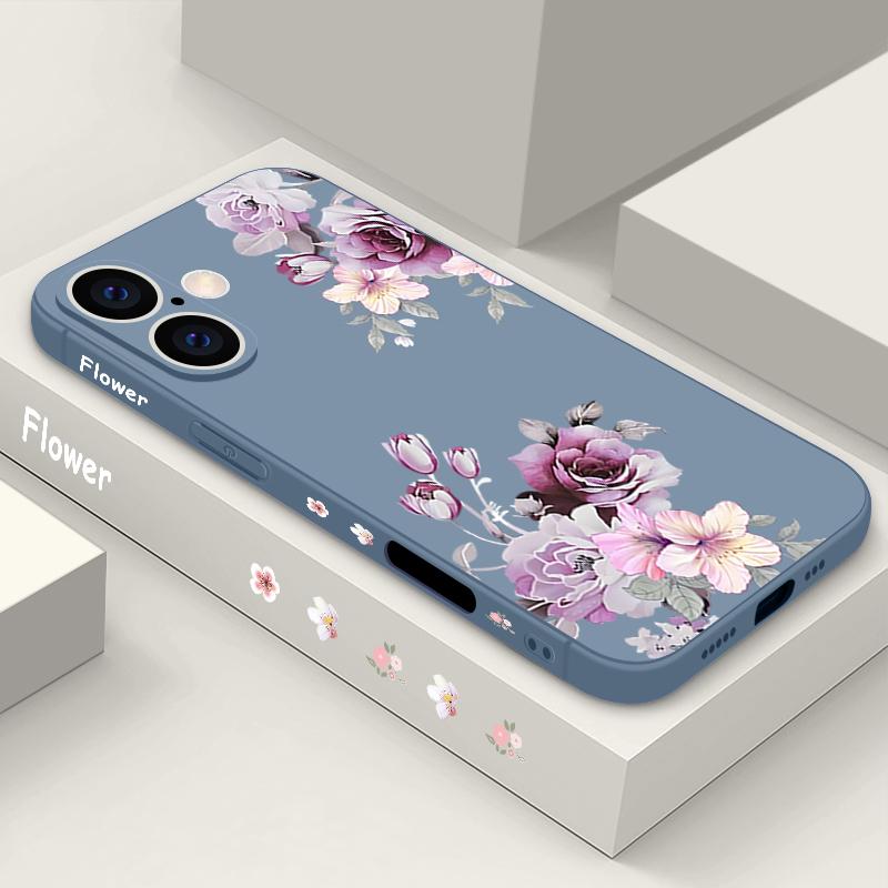 Фиолетовый цветочный узор Ударопрочный чехол для iPhone 16 17 Pro Max 15 Pro 14 13 12 11 Ремешок TPU Защита объектива Матовый мягкий чехол для телефона