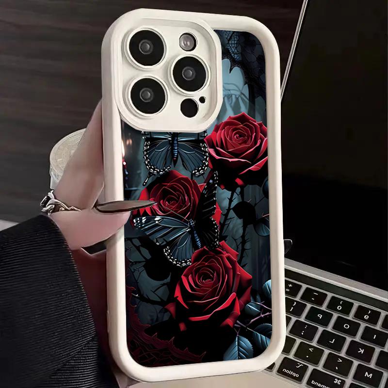 Чехол для телефона в темном стиле с красной розой и бабочкой для серии iPhone 17 16 15 14 13 12 11 Pro Max Plus Двухслойная защита