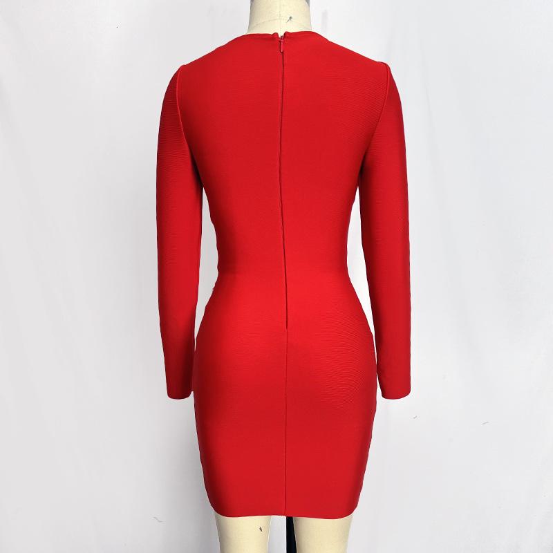 Черное Красное Платье Бандажное Вечернее с Длинным Рукавом и Стразами