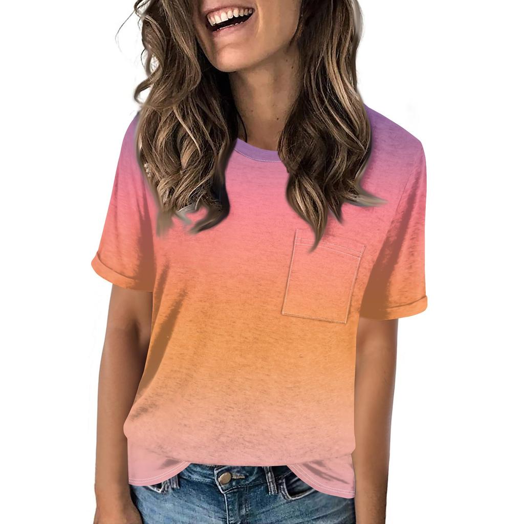 Women's Pocket Gradient Print Summer Short Sleeve Round Neck Casual Loose T-shirt Top