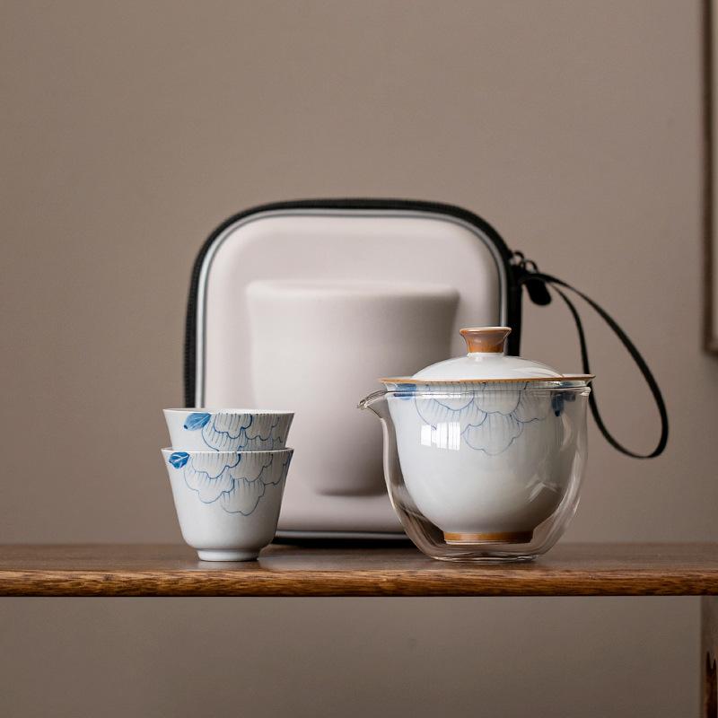 Ceramic hand-painted portable travel tea set, one pot and two cups of hand-held express cup, travel camping outdoor tea cup