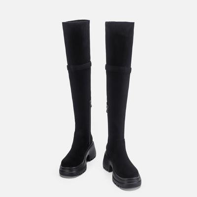 Винтажные ковбойские сапоги в западном стиле, женские черные замшевые ботфорты, зимние сапоги, складывающиеся для двух вариантов носки, рыцарские сапоги на толстой подошве