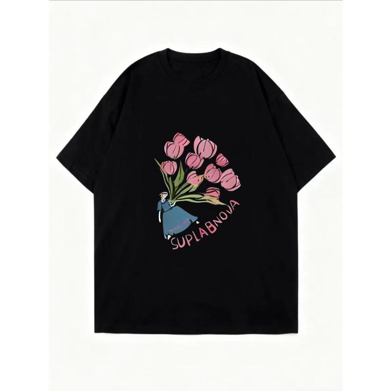 Белая футболка оверсайз с букетом розовых тюльпанов и текстовым принтом Suplabnova для повседневной носки