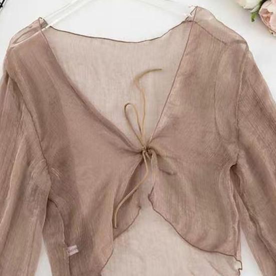 Women Sheer Chiffon Cardigan with Front-tie Transparent Loose Top Elegant Retro Style Shawl for Vacation Beach Daily Wear