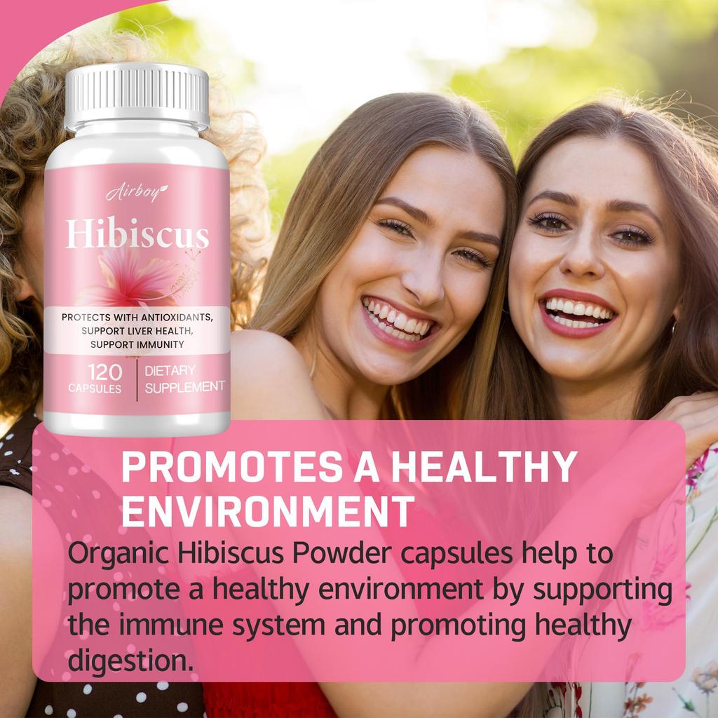 Airboy Organic Hibiscus Capsules, containing minerals, antioxidants, and supporting immune health, suitable for adults.