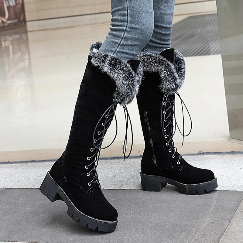 Fashion Lace-up Winter Shoes Women Snow Boots Real Fur Boots Women Knee High Suede Thick Heel Warm Outdoor with Zip Big Size 43