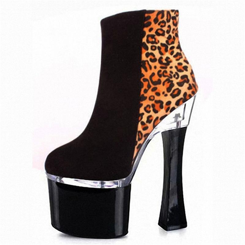 15 см весна-осень низкий голенище женские тонкий каблук высокий каблук водонепроницаемая платформа короткие ботинки черный леопардовый принт поверхность модная круглая головка внутренняя