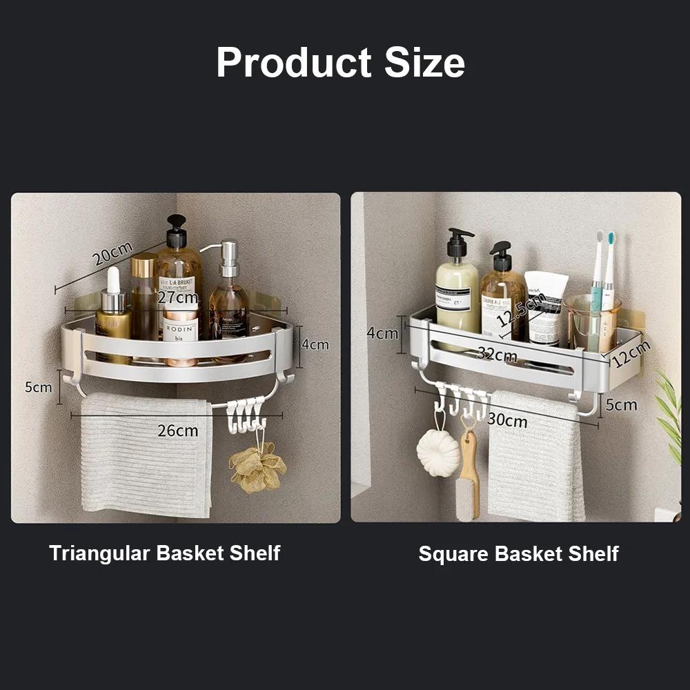 Bathroom Shelves No Drill Shampoo Storage Rack Wall Mounted Shower Corner Shelf Space Aluminum Kitchen Organizer Rack