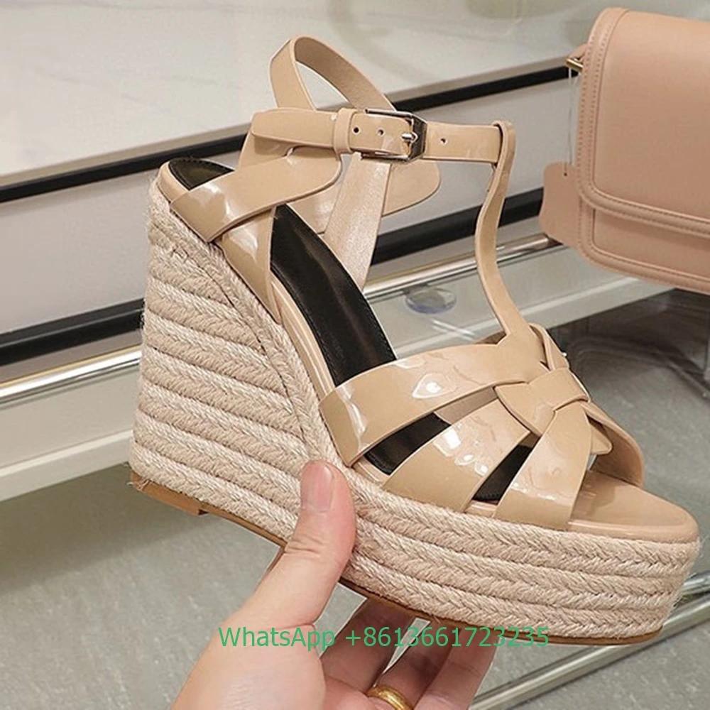 Босоножки женские на танкетке с открытым носком и перекрестными ремешками, однотонные, с открытым носком, из натуральной лакированной кожи, эспадрильи, новейшие летние, каблук 14 см