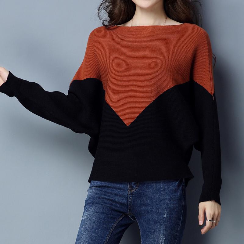 Batwing Sleeve Loose Autumn Winter Women Sweater Knit Fashion Female New Arrival Patchwork Pullover