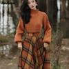 Women's Autumn Winter Vintage Plaid Long Skirts Sweater Two-Piece Set French Lady Graceful Knit Pullover High Waist Skirt Outfit