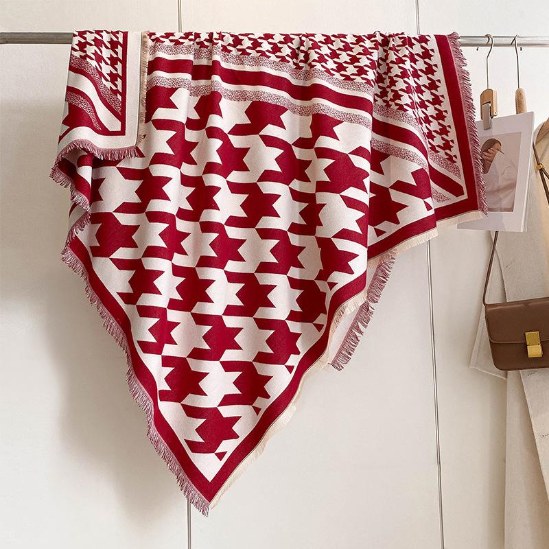 Double-Sided Square Scarf, Houndstooth, Geometric Flower, Thickened Thermal Scarf, Air-Conditioned Room, Neck Guard, Shawl, Cloak Female