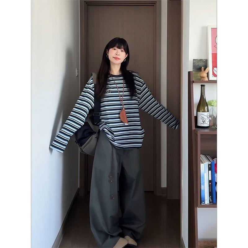Womens Vintage Blue White Striped Long Sleeve T-Shirt Loose Fit Lazy Style Basic Top
