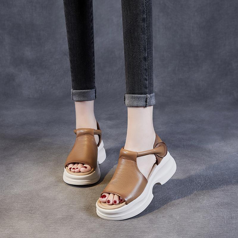 Модные летние туфли 5 см женские сандалии на толстом каблуке новый дизайн застежка-липучка натуральная кожа с открытым носком повседневные сандалии на платформе женские шлепанцы