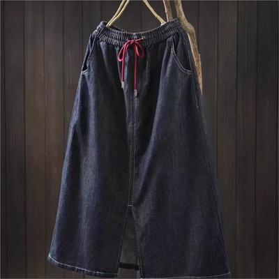 Женские винтажные юбки с эластичной талией, синие ткани, весенние карманы, повседневные мягкие юбки А-силуэта