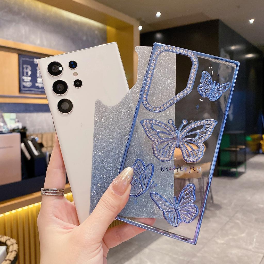 For Samsung Galaxy S26 Ultra Case Rhinestones Decor 3D Butterfly TPU Phone Cover with Glitter Paper