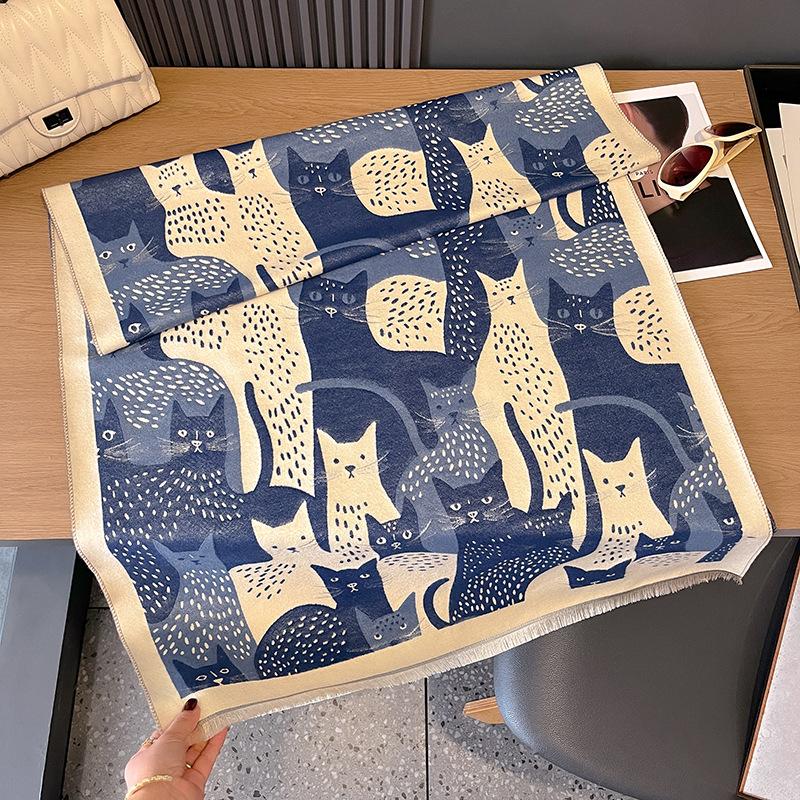 Cartoon Cat Contrasting Colors Double-Sided Imitation Cashmere Scarf Winter High-End Warm Shawl Women