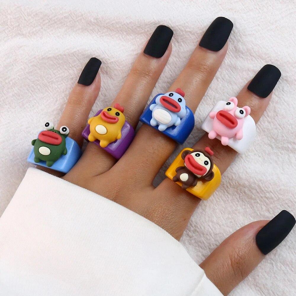 Кольцо с фруктами из мультфильма, женское модное корейское кольцо с милыми животными из смолы, набор акриловых колец, подарок на Рождество, день рождения, ювелирные изделия для девочек