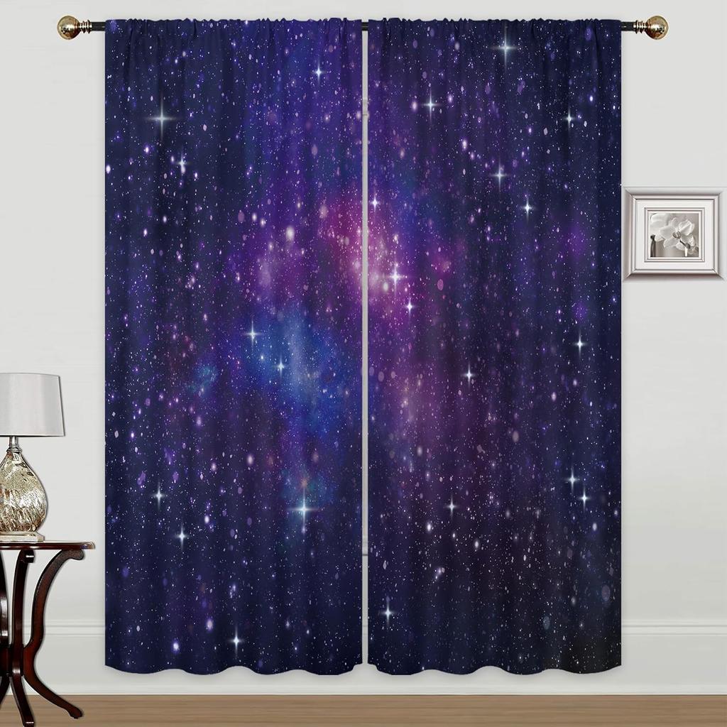 Blue Star Curtains Shiny Galaxy Pattern for Kids Bedroom Window Dreamy Decor