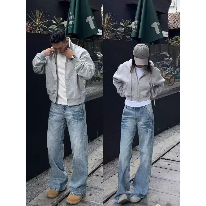 Осень и зима Новые американские джинсы High Street Washed Light Color для мужчин и женщин Прямые слегка расклешенные свободные широкие брюки