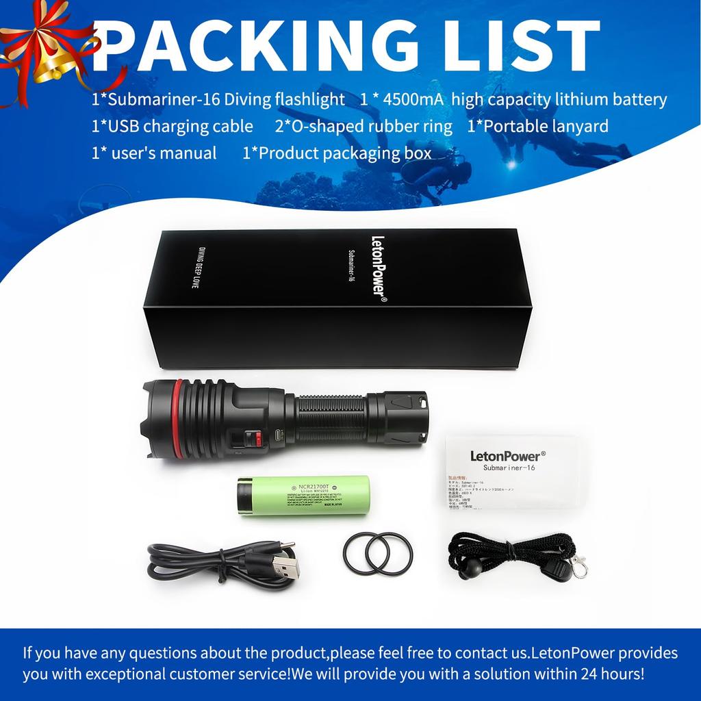 Diving LetonPower 2000 Lumens Underwater 100m Diving Charging Diving Underwater Spotlight Long Shot Diving Light Light, Light, Light, Type-C Light,