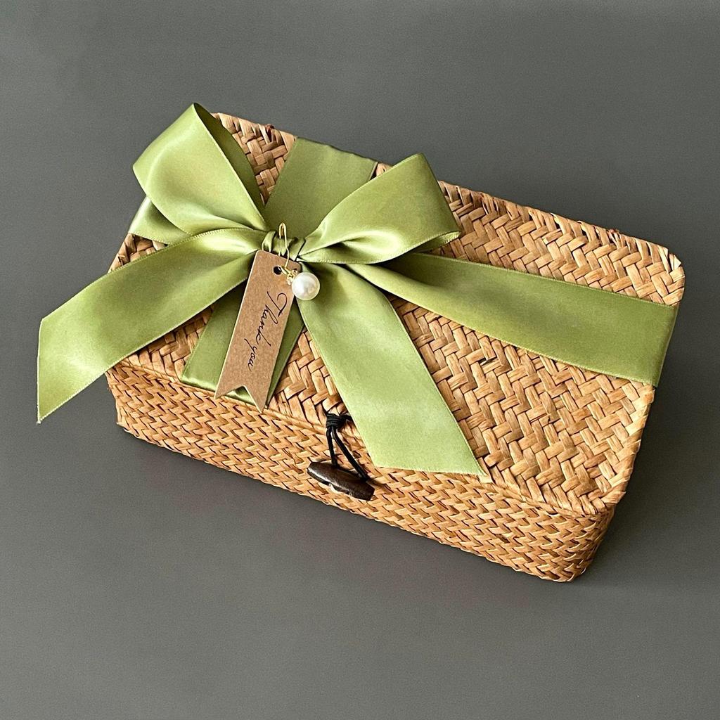 Прямоугольная подарочная корзина с крышкой, плетеная из бамбука и водорослей