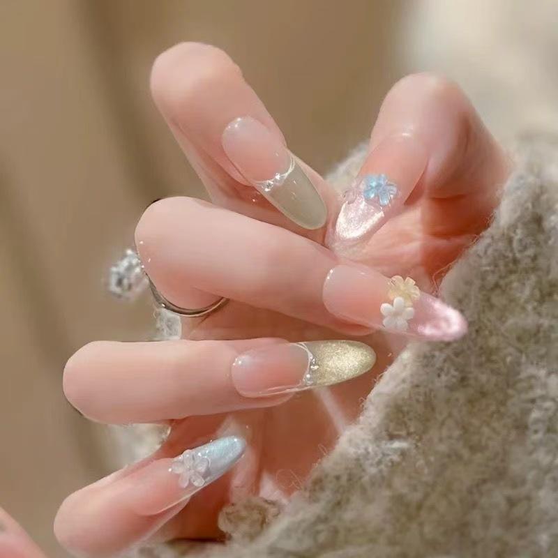 Чистое Желание Французские Кошачий Глаз Длинные Накладные Ногти – Новогодний Арт, Съемные, Полуручной Работы