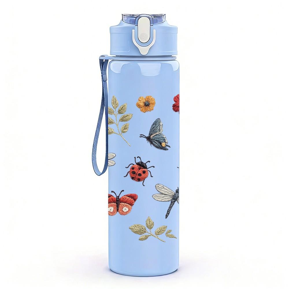 1PC Dragonfly Floral Botanical Sketch Print 750ml Color Plastic Sports Water Bottle Leakproof Flip Straw Lid Suitable for Sports Office Home Use