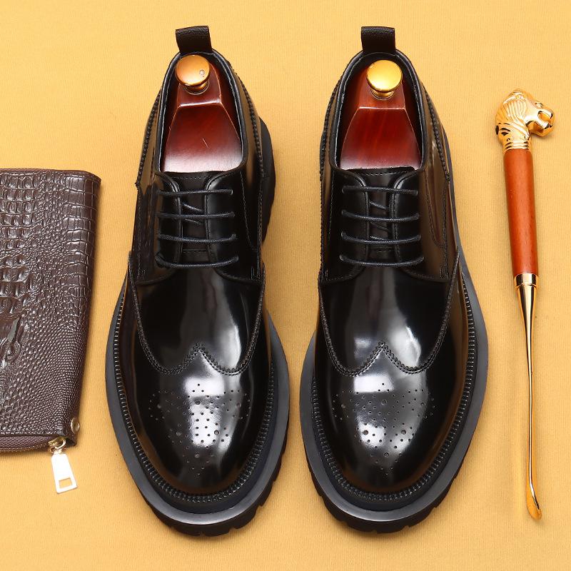 Туфли из натуральной кожи на платформе для иностранных товаров, мужская внутренняя трехслойная подошва из коровьей кожи, блестящие туфли с британской гравировкой