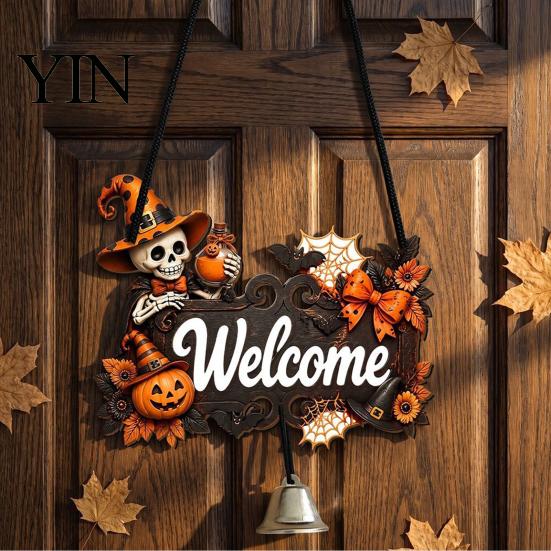 Wooden Craft Hanging Decoration Halloween Pumpkin Ghost Welcome Door Hanger Sign, Cute Wall Ornament with Bell Holiday Sign for Store Entry