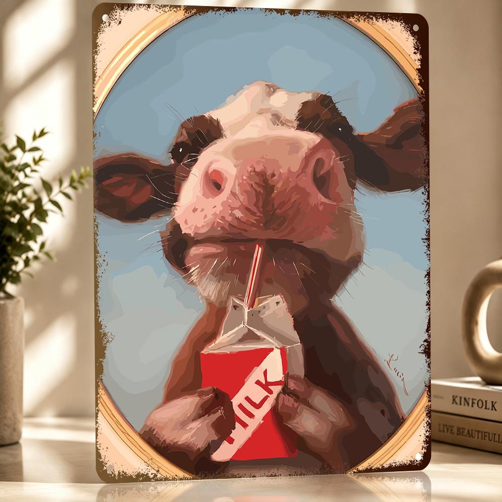 Cow Drinking Milk Personalized D Textured Metal Poster Wall Art Tinplate Sign for Luxury Decoration Home Decor Items Wand Deko
