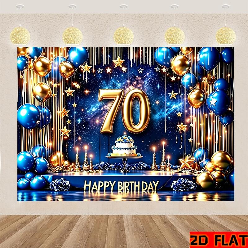 2D Плоский 2D Плоский - 2D Плоский 2D Плоский - 2D Плоский Баннер 1 шт. Фон для 70-летия Полиэстер Сине-Золотые Шары Звезды Торт Фон для Фотосъемки