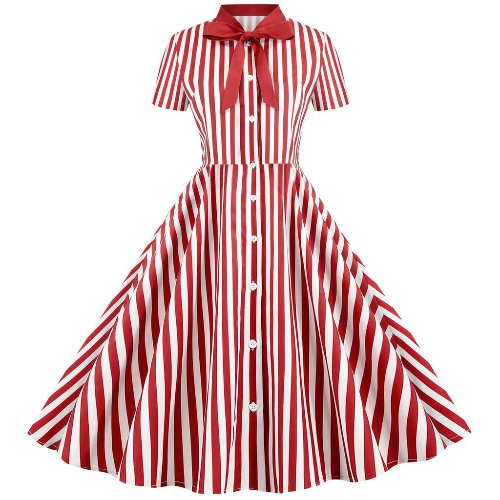 European-American Striped Patchwork Bow Party Swing Dress for Women