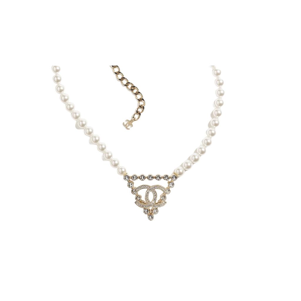 Chanel Gold Triangle Double C Rhinestone Metal Pearl Necklace Women necklace ABA532-B10512-NN117