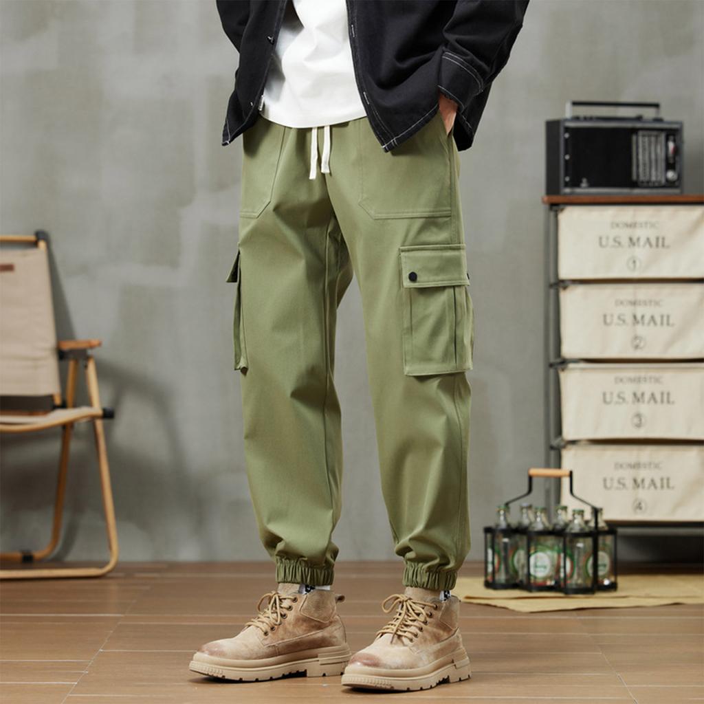 Men's Solid Color Overalls Loose Fitting Drawstring Pants Trendy Multi Pocket Casual Pants