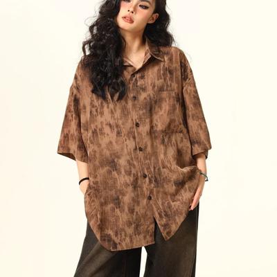 Свободная тонкая женская рубашка с коротким рукавом в стиле ретро, повседневная летняя блузка с отложным воротником, универсальный топ с полным принтом и карманом