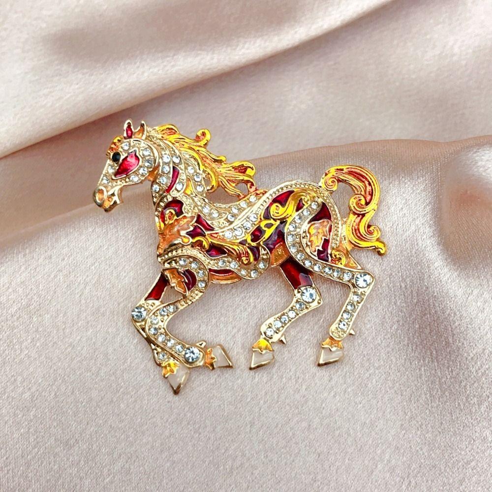 Metal Enamel Horse Brooch Pin Crystal Mascot Horse Lapel Pin New Year Horse Jewelry  New Year Gifts