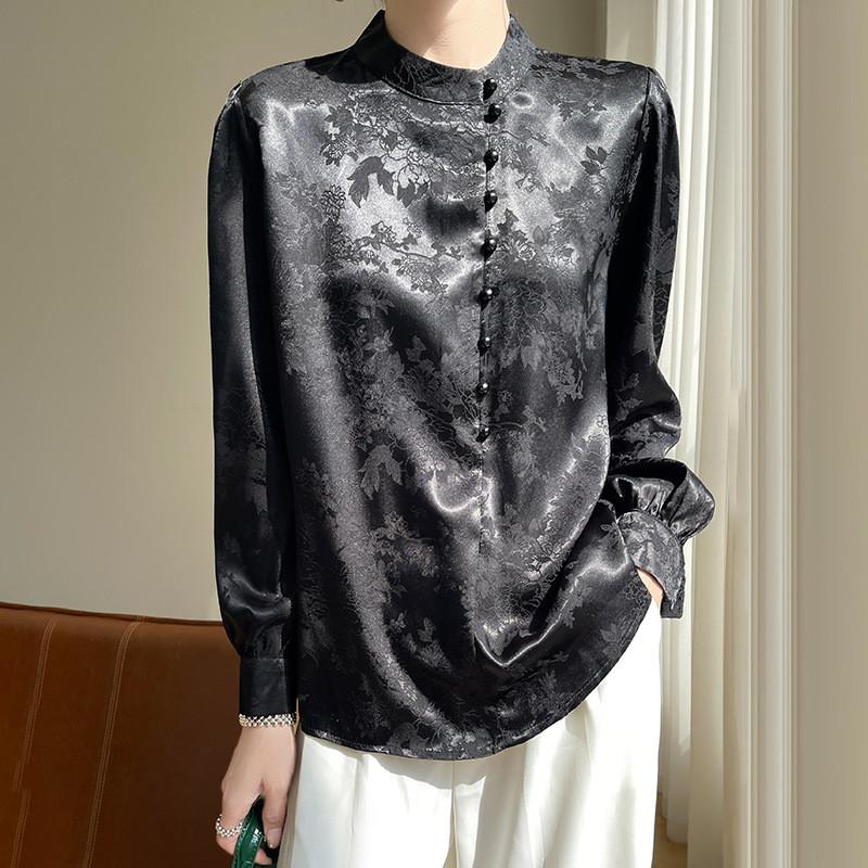 Satin Silk Blouse For Women With Stand Collar And Pockets For Office Casual Wear