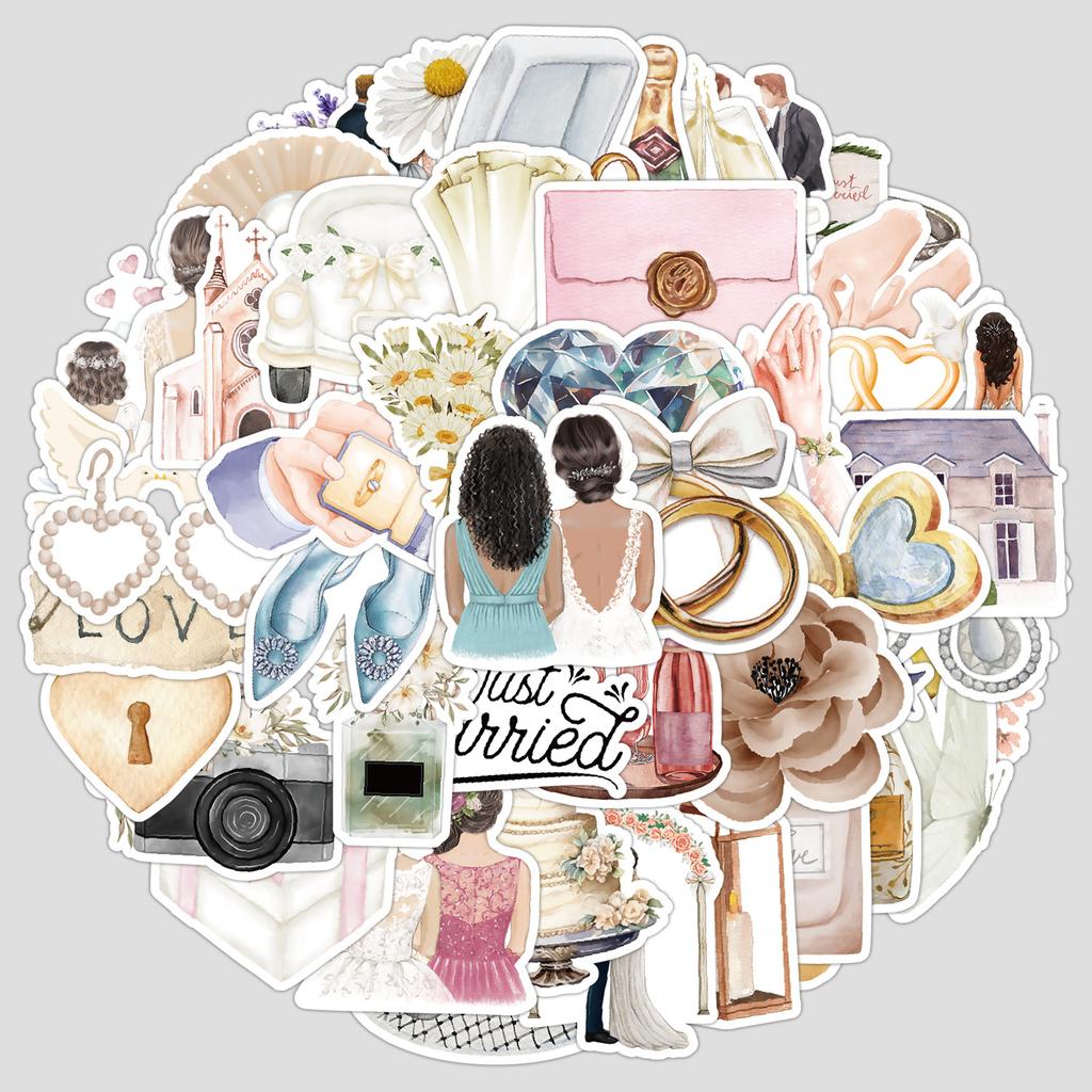 50 Watercolor Wedding Graffiti Stickers, Water Cup, Luggage, Waterproof Decorative Stickers, Creative Watercolor Stationery Stickers